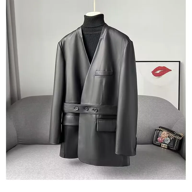 Chaqueta de piel sintética para mujer, abrigo negro suave y ligero con cuello en V profundo y cinturón, elegante, moda Coreana de lujo, Otoño, 2024