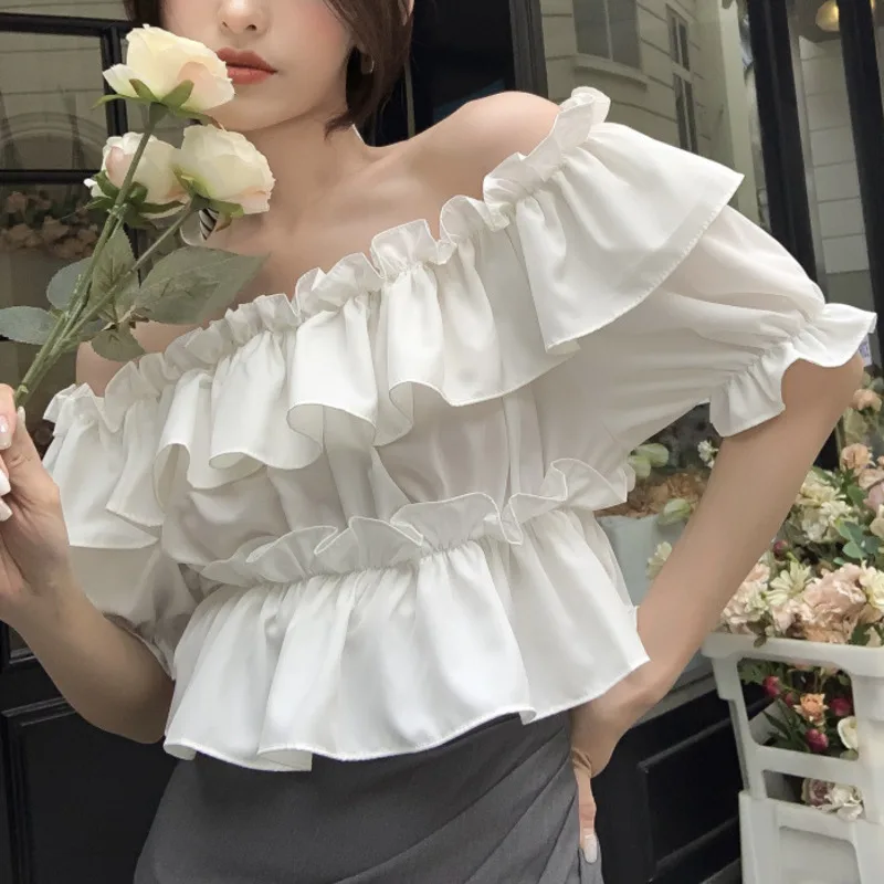 Korean Chic Sexy Off Shoulder Solid Short Tshirt Women\'s Slash Neck Elegant Layered Ruffles Cake Puffy Sleevs Tee Shirt Crop Top