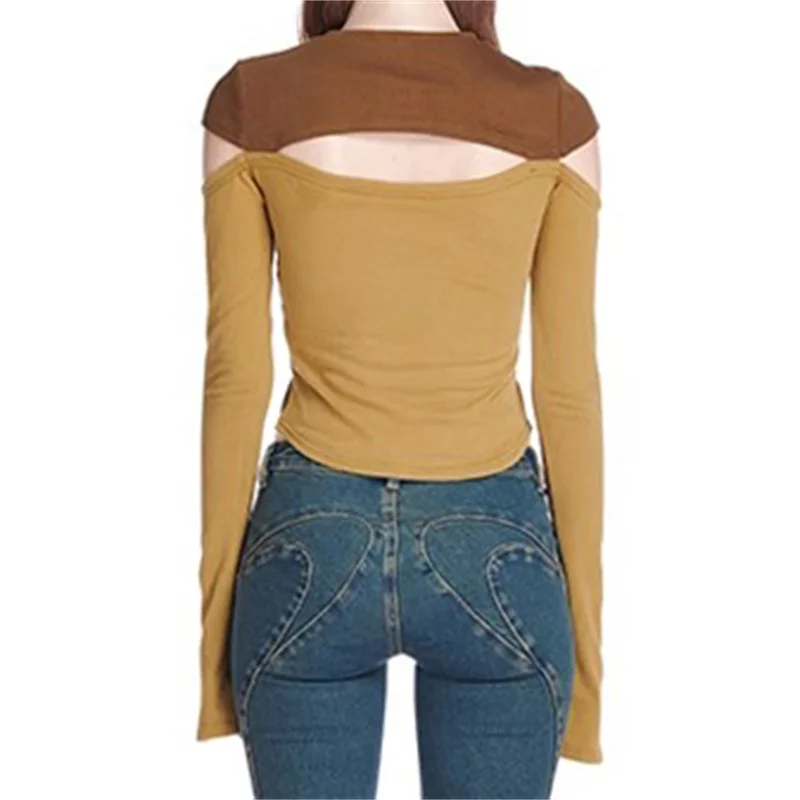 T-shirts 2025 Spring New Color Contrast Splicing Women's Long Sleeve Top Sexy hollowed out round neck pullover cotton crop top