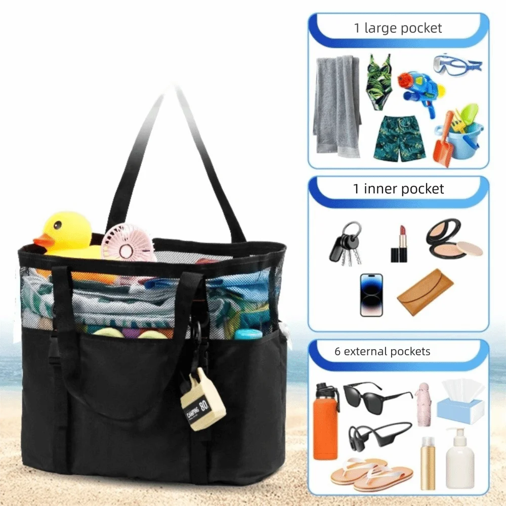 

New Extra Large Beach Bag Lightweight Foldable Tote Bag Waterproof Bottom Mesh Bag