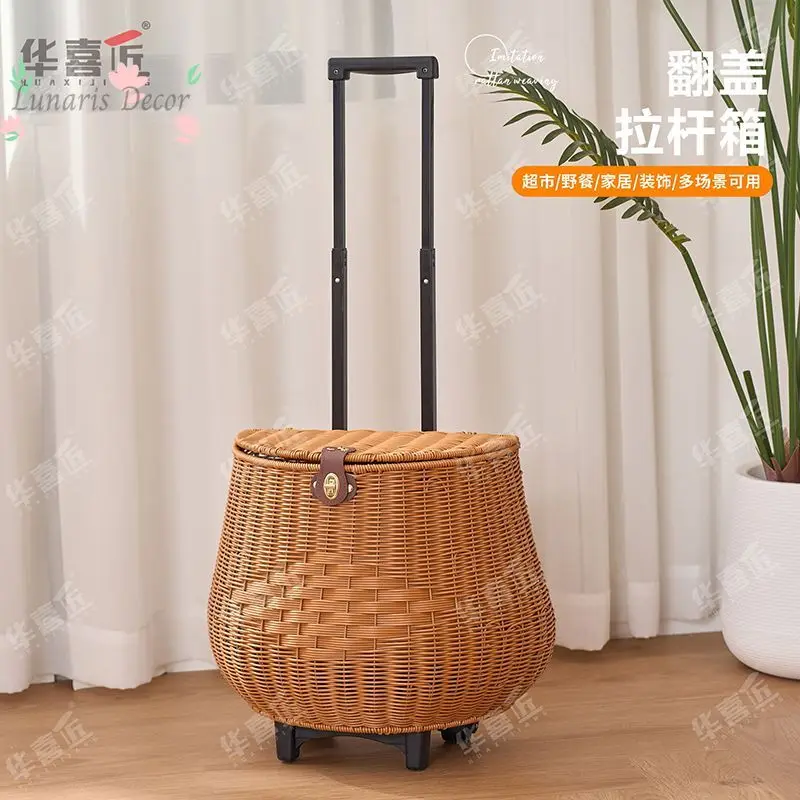 Flip-top trolley case with wheels, large capacity outdoor picnic basket, photo and grocery shopping prop storage box, 35*23*87