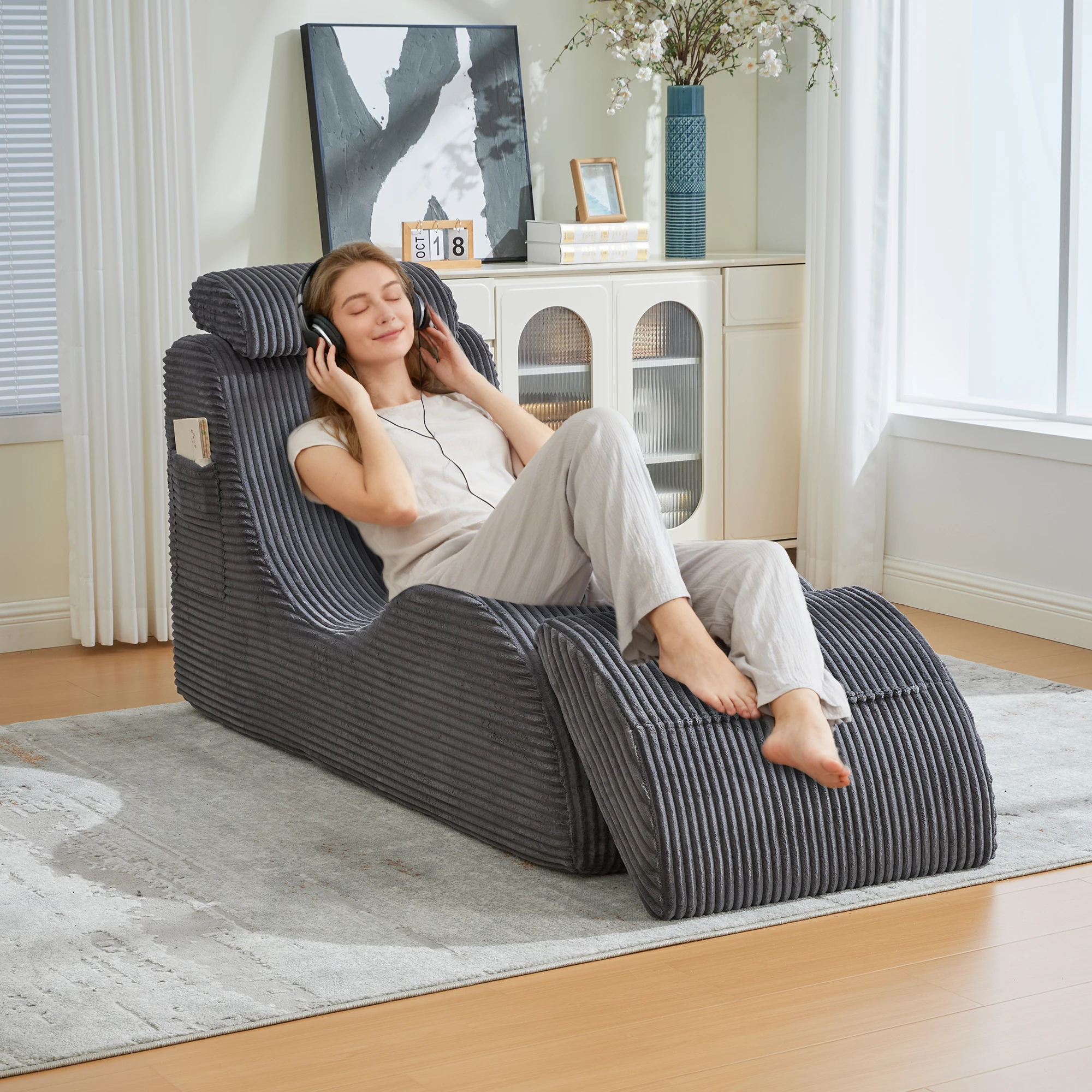 Fauteuil met afneembaar kussen en zijvak - ergonomische rugleuning, donkergrijs corduroy