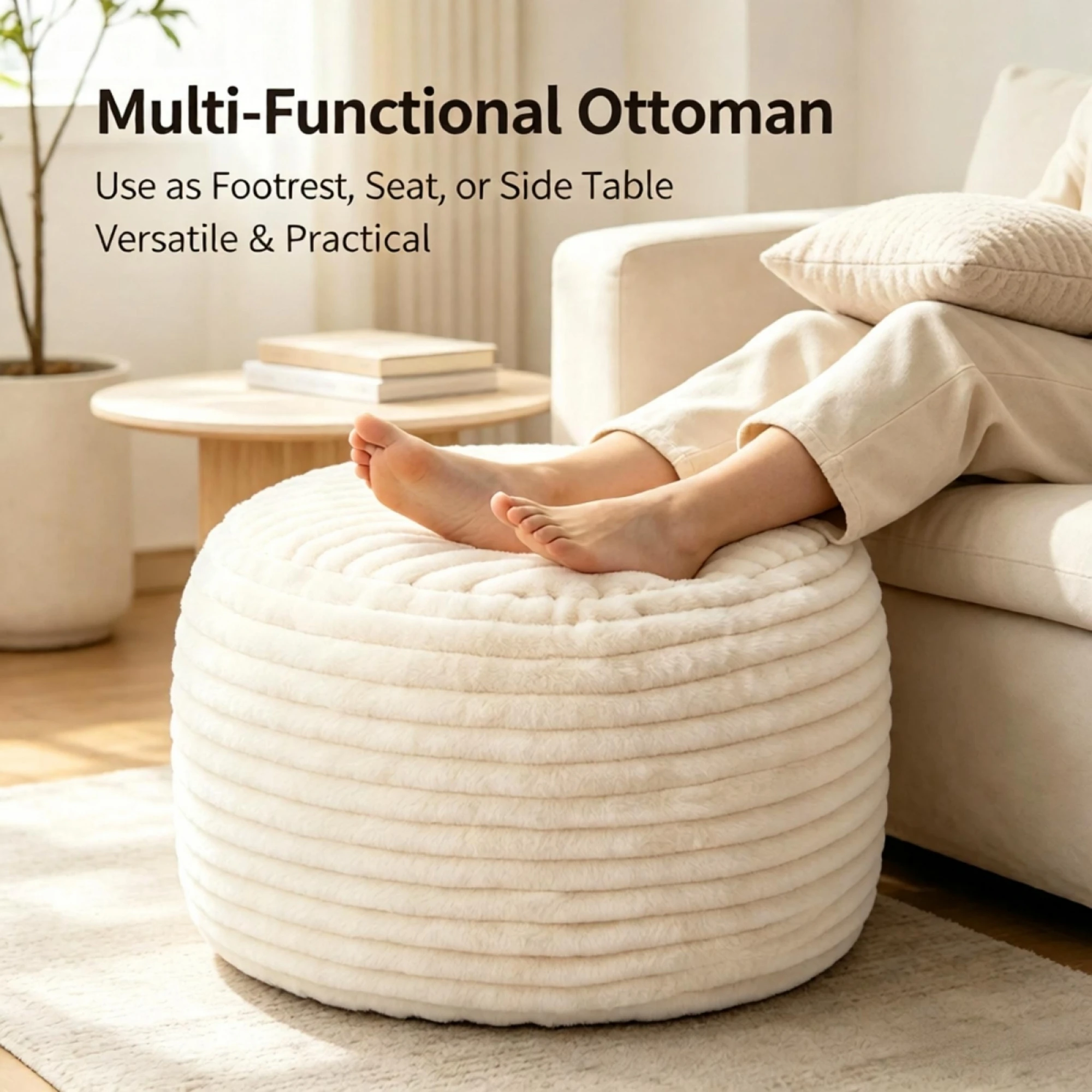 Plush Round Ottomans Living Room Soft Casual Solid Foot Rest for Couch