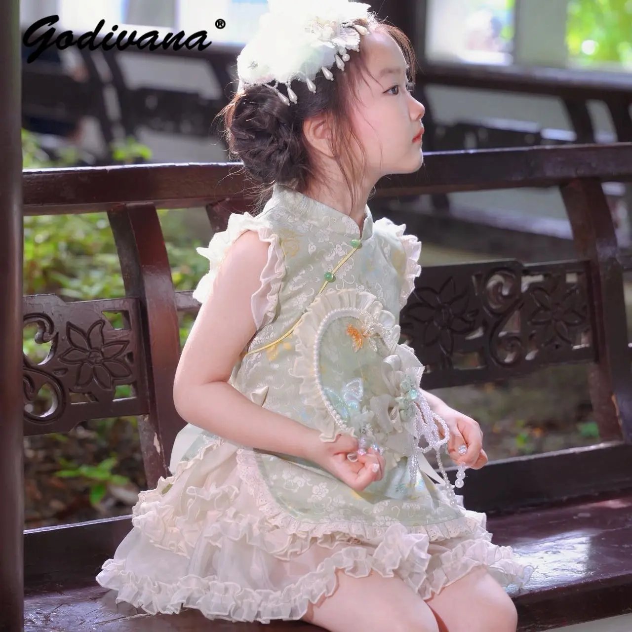 Original Sweet Baby Girls Modernized Chinese Cheongsam Dress 2026 Summer New Kids High End Embroidery Lace Mesh Patchwork Dress