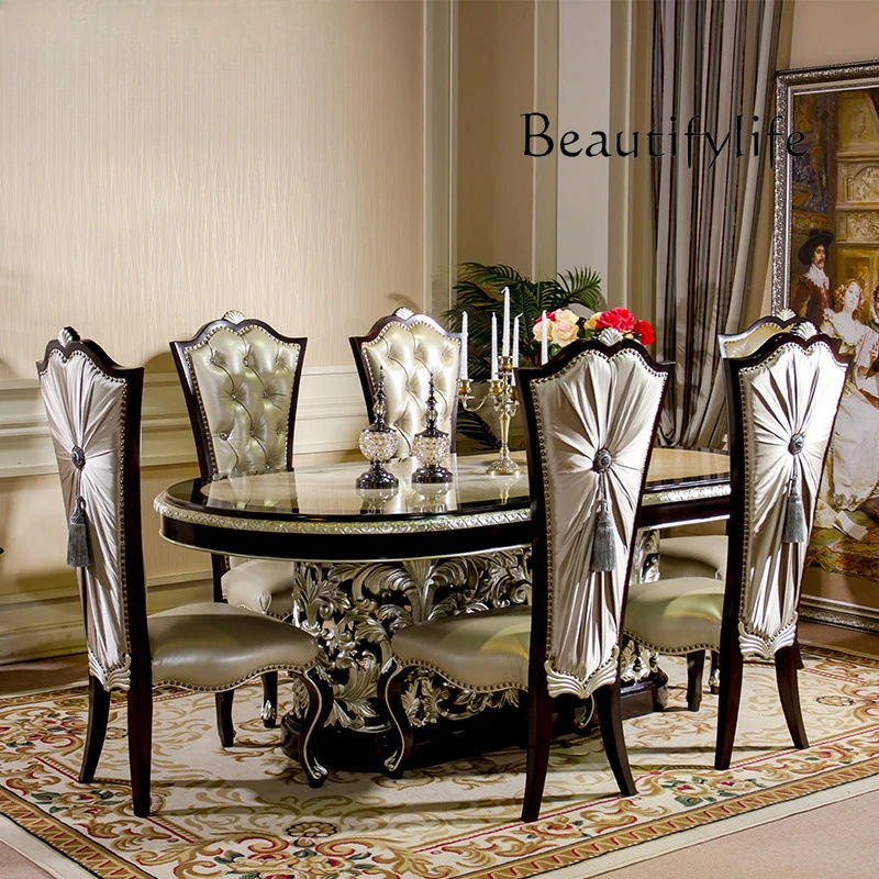 dining table solid wood carving flower silver surface inlaid shell oval large dining table leather dining chair combination