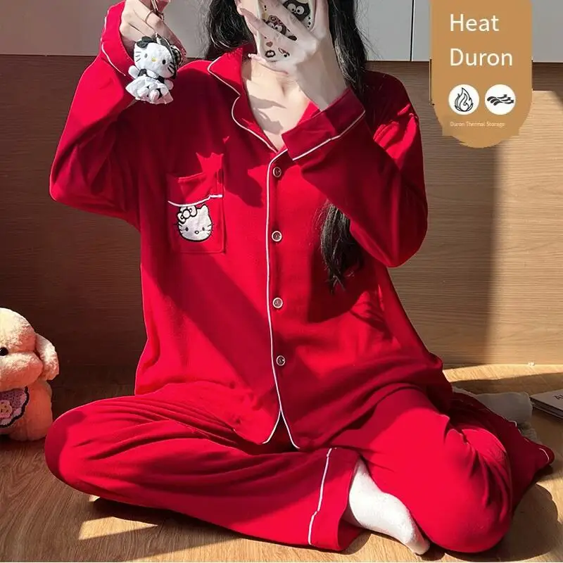 

Sanrio Hello Kitty, красная пижама для молодых девушек, кавайный зимний тонкий стиль с длинными рукавами и длинными брюками, праздничный комплект домашней одежды, новый