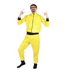 Disfraz de Halloween Retro para hombre, disfraz de charol brillante amarillo de los años 80, Hippy, con sombrero, accesorios, trajes de fiesta