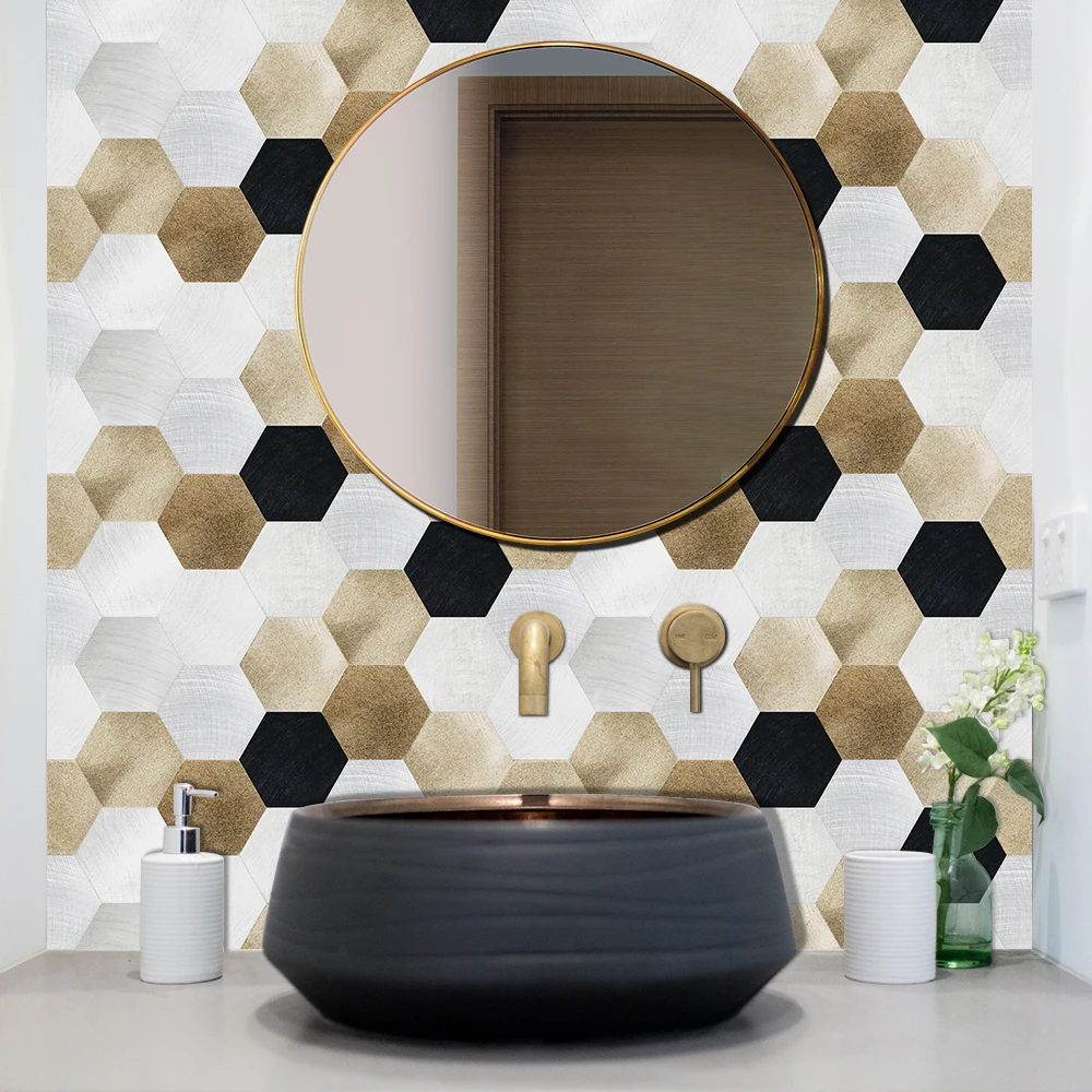 Gold Black White Marble Hexagon Tiles Floor Wall Stickers Kitchen Bathroom Home Decor Peel & Stick Twill Surface Art Wall Decals