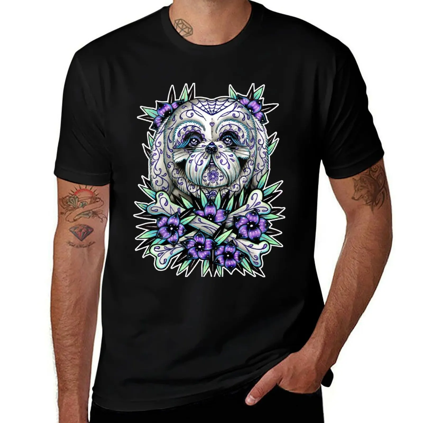 Sugar Skull Shih Tzu Dog T-Shirt man t shirt summer cotton t shirts man 100% anime t shirts for man T-shirt