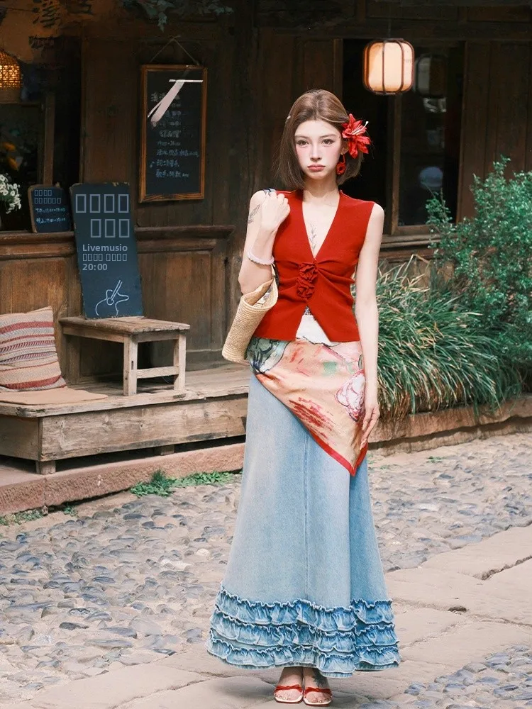 

Оригинальная винтажная юбка PITAO с высокой талией, синяя, из денима, летняя, из смесового полиэстера и хлопка, повседневная, в стиле знаменитостей...