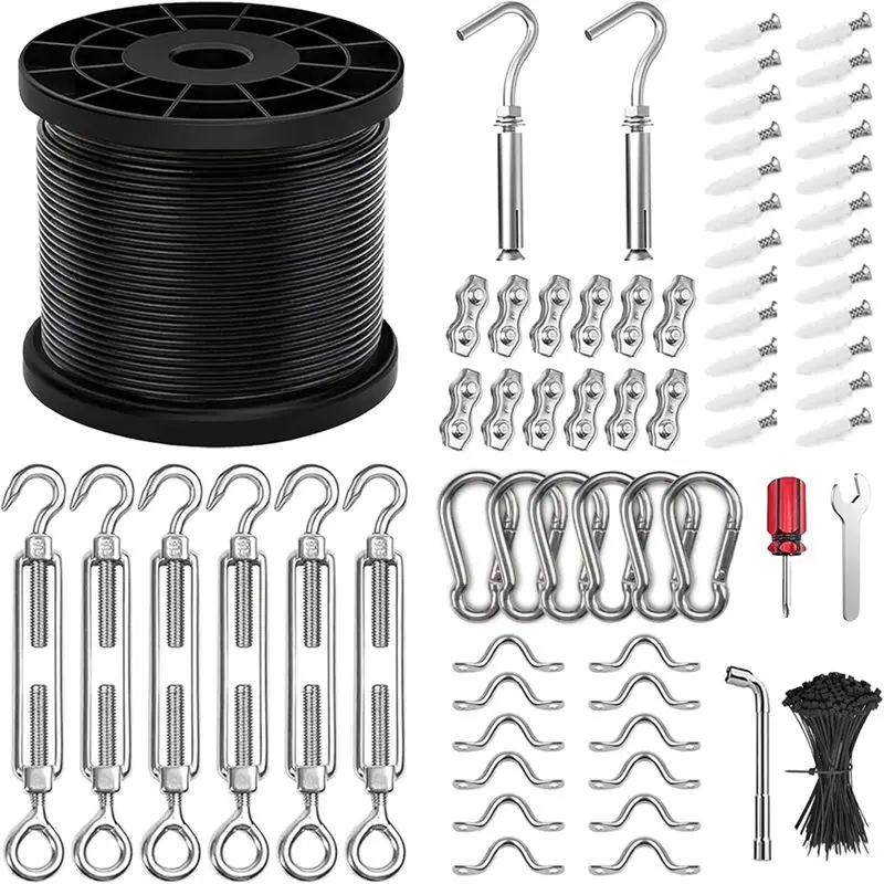 AEE4-Light String Hanging Kit With 300 Feet Of Vinyl Coated 304 Stainless Steel Cord, Ball Light String Hanging Kit