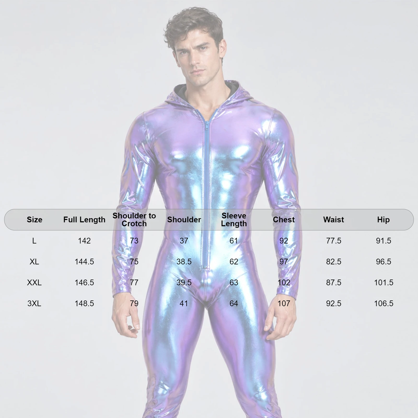 Men Metallic Shiny Full Body Unitard Long Sleeve Long Leggings Ziper Catsuit Hoodie Bodysuit Tights Rave Party Jumpsuit Clubwear