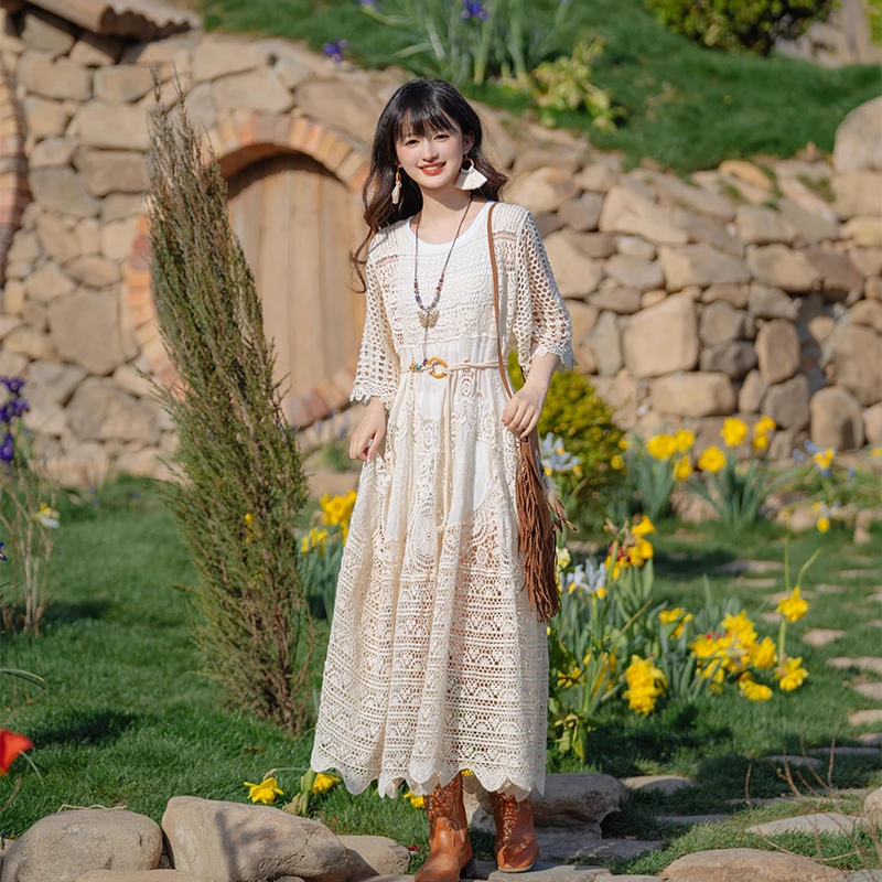 Gilet long amincissant pour femme, en maille ajourée à motif floral crocheté, coupe ample, en polyester, pour le printemps et l'automne...