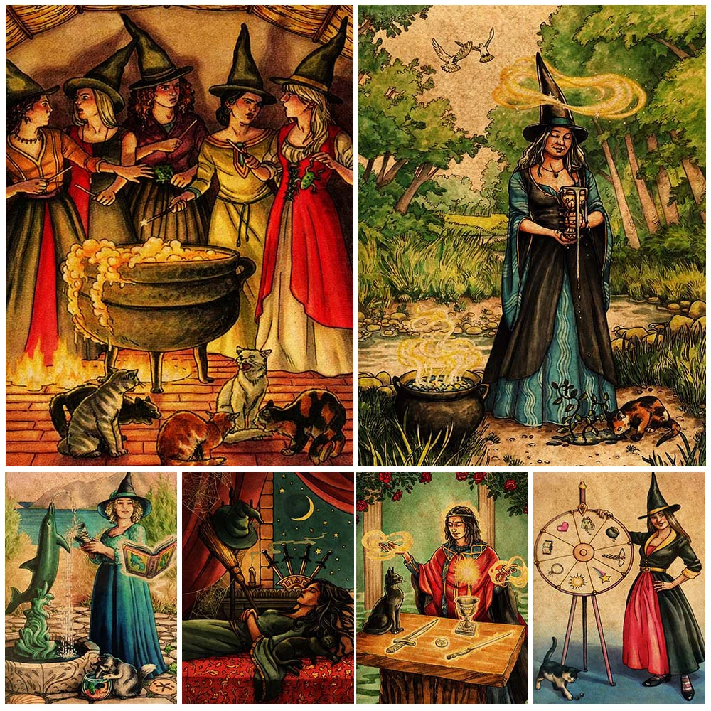 Alkemis dan Penyihir Ajaib Retro Seni Dinding Lukisan Kanvas Cerceress Sisters And Brother Poster Cetak Wicca Dekorasi Rumah