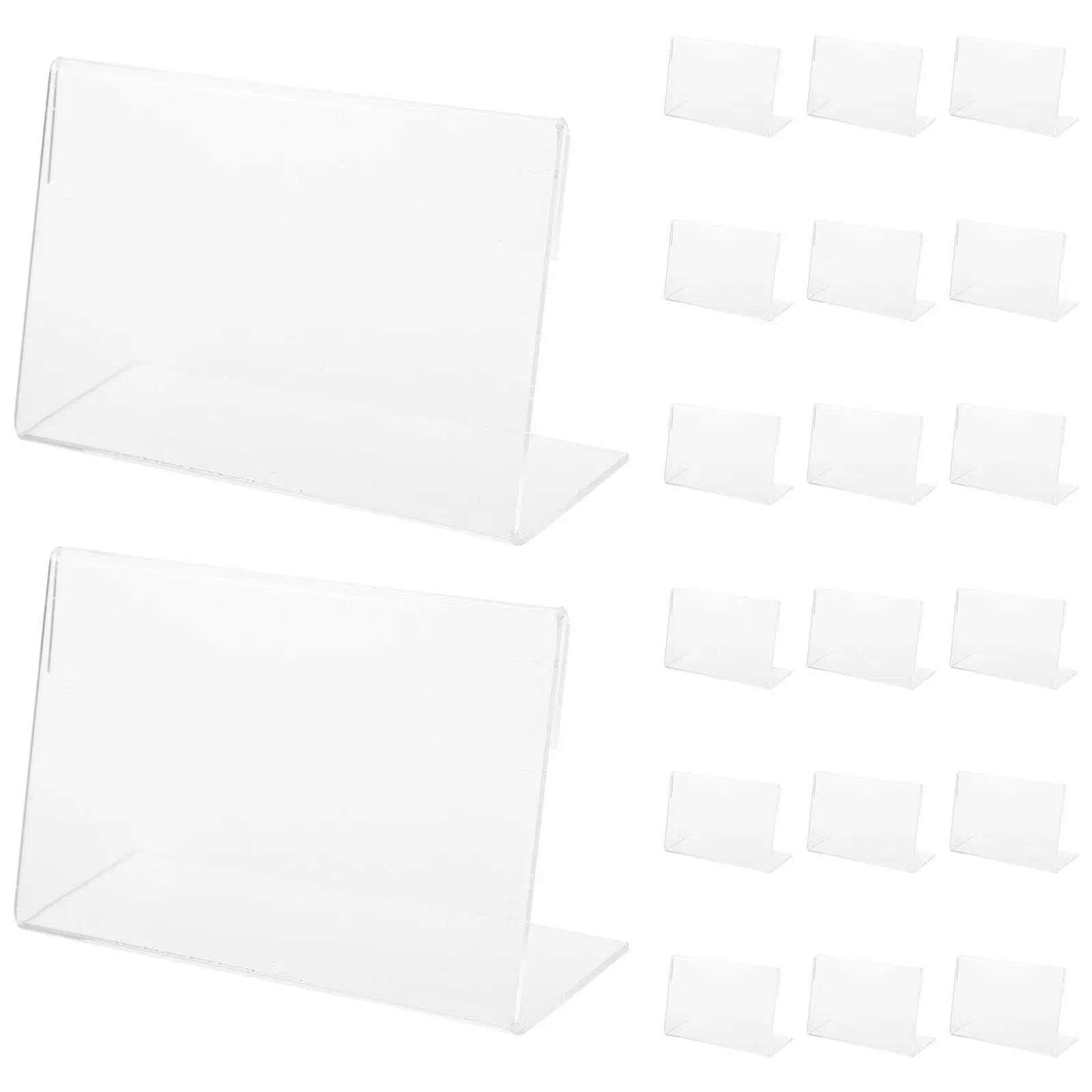 Acrílico transparente Display Tag Preço Stands, L Forma Prateleira Etiqueta, Table Tag Preço Bandeja, 20pcs