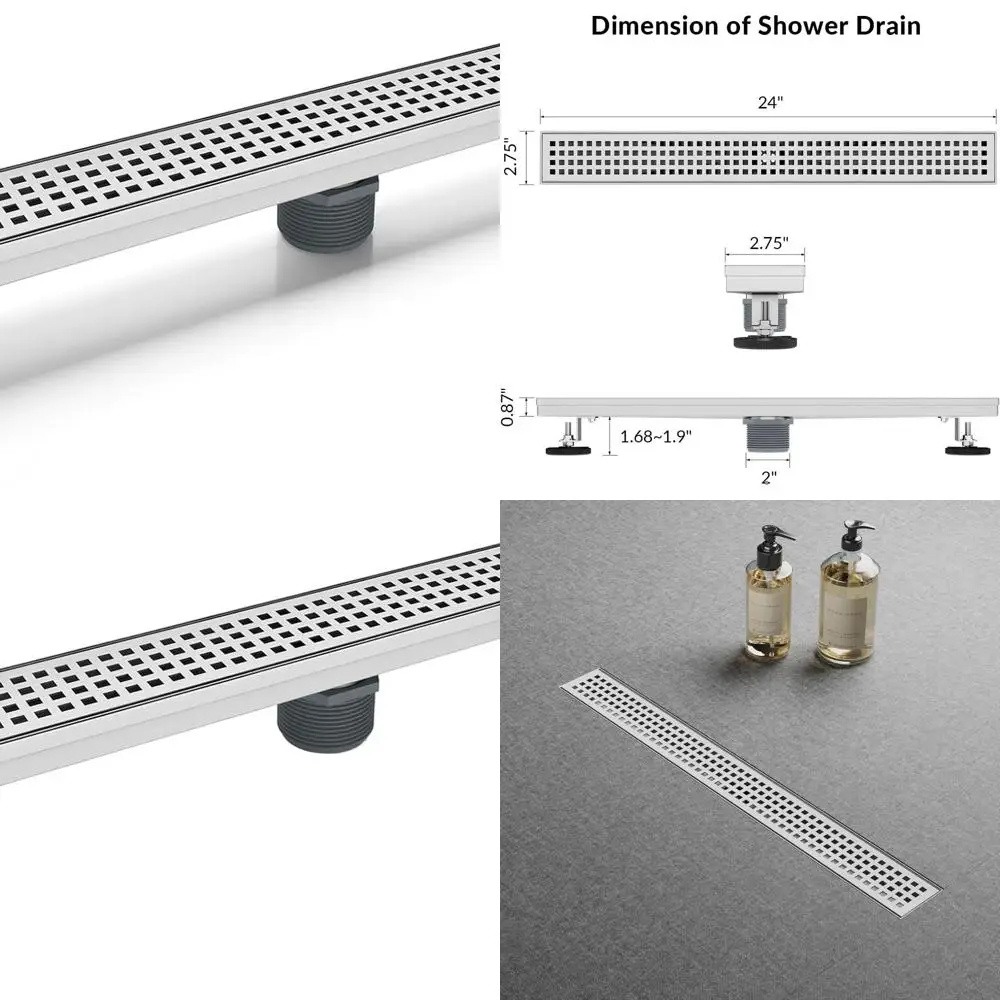 

24 Rectangular Brushed Nickel Shower Drain with Removable Grate, Stainless Steel Hair Catcher, CUPC Certified, Leveling Feet Inc