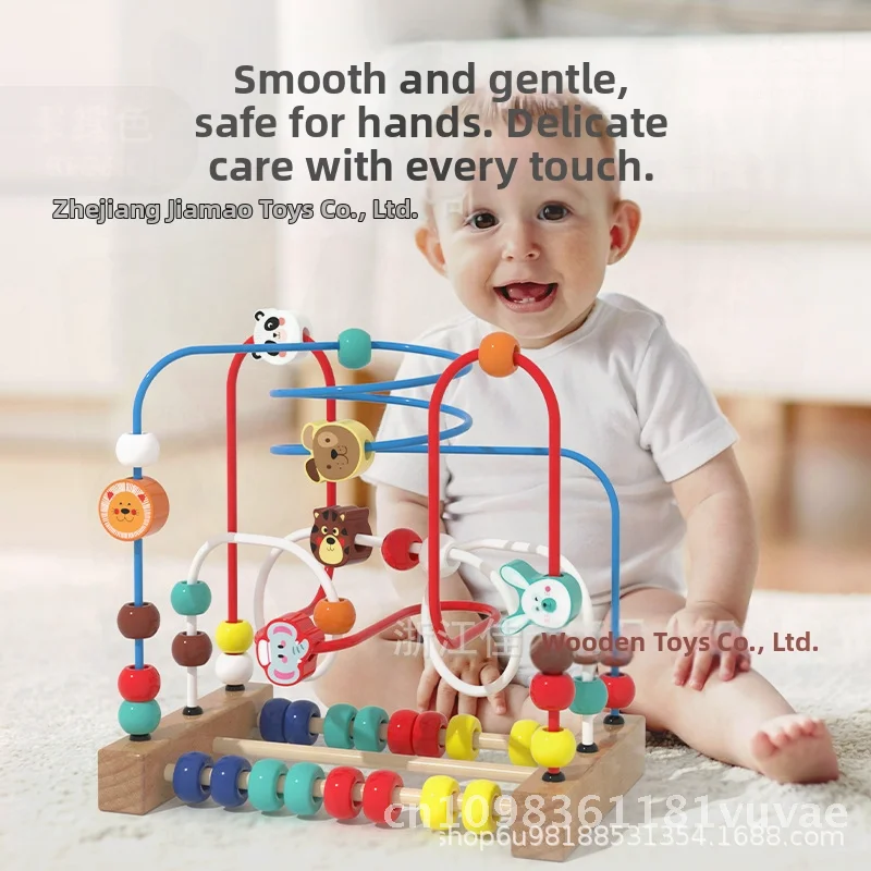 Educational Wooden Bead Toys for Children - Animal & Fruit Three-Block Bead Winder Color Box Model Beech Wood Infants & Kids