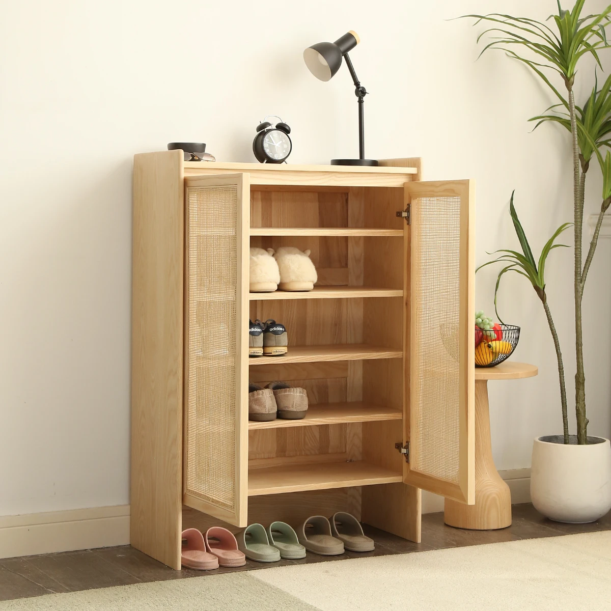 LMM solid wood shoe cabinet Qingmutang Japanese-style simple rattan door locker All solid wood foyer