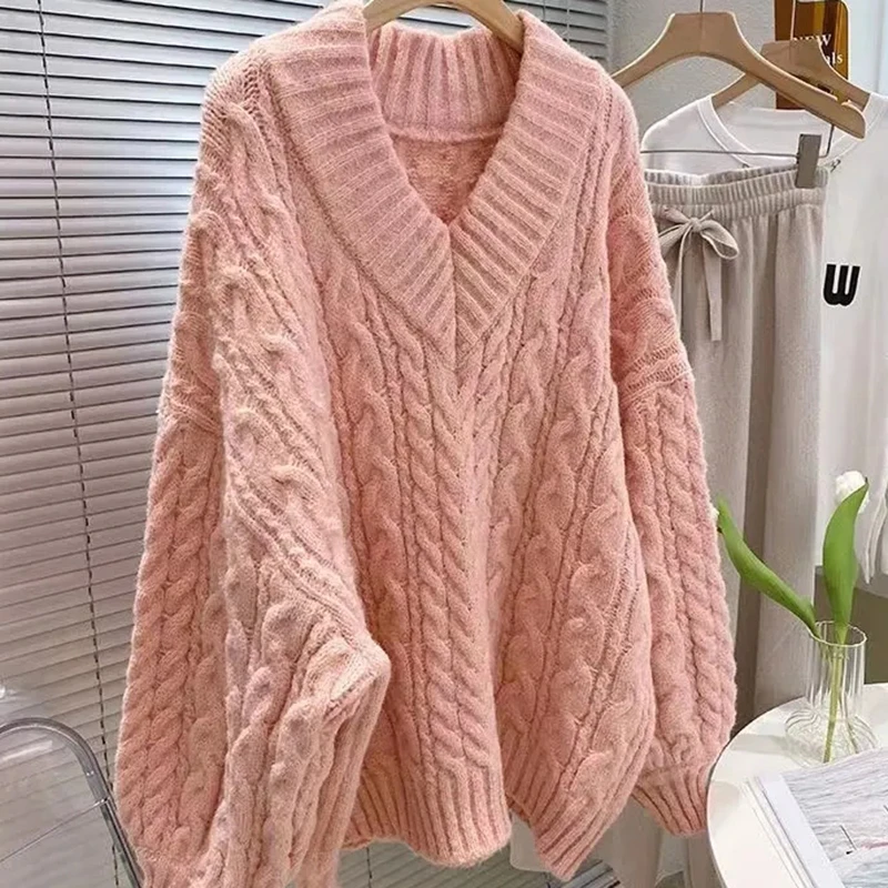 

GIDYQ V Neck Thickened Twist Sweater Women Oversize Loose Casual Knitted Pullovers Vintage Warm Simple Knitwear Fall Winter