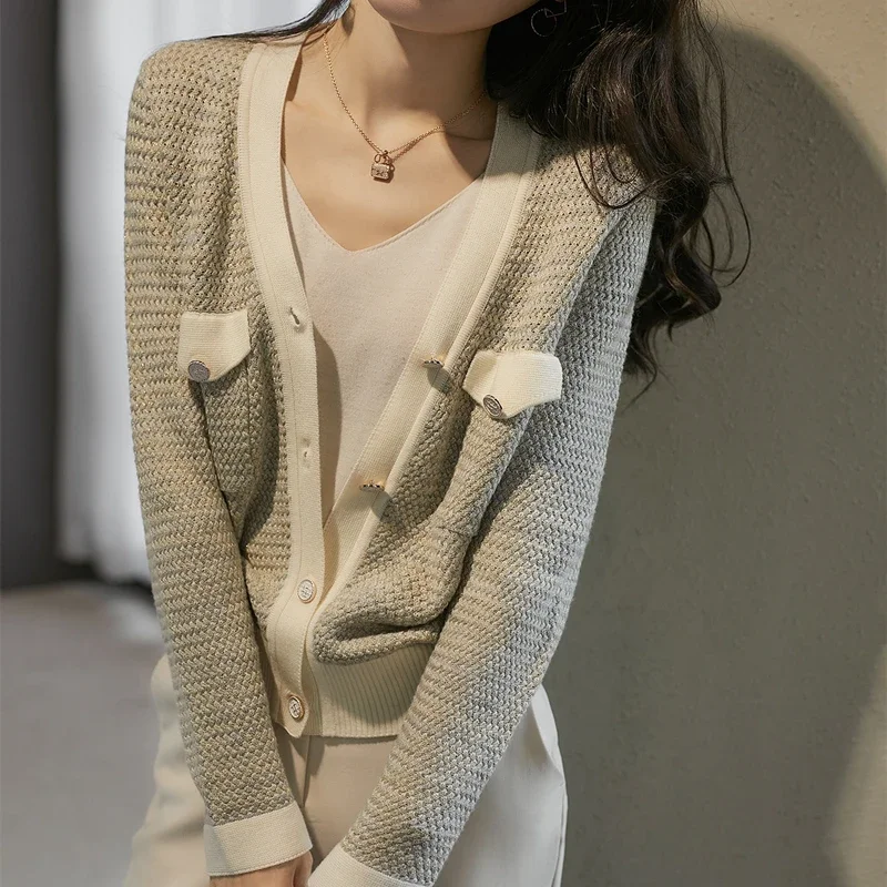 Small Fragrant Wind Cashmere Knit Cardigan Female Spring and Autumn New V-neck Jacket Loose Sweater Thin Wool Coat V1633