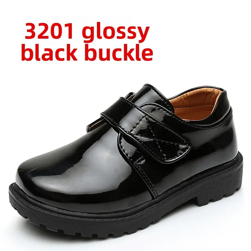 Children Leather Antiskid Shoes White School Casual Performance Etiquette Round Leather Shoes Boys Black Patch Lace Up Shoes