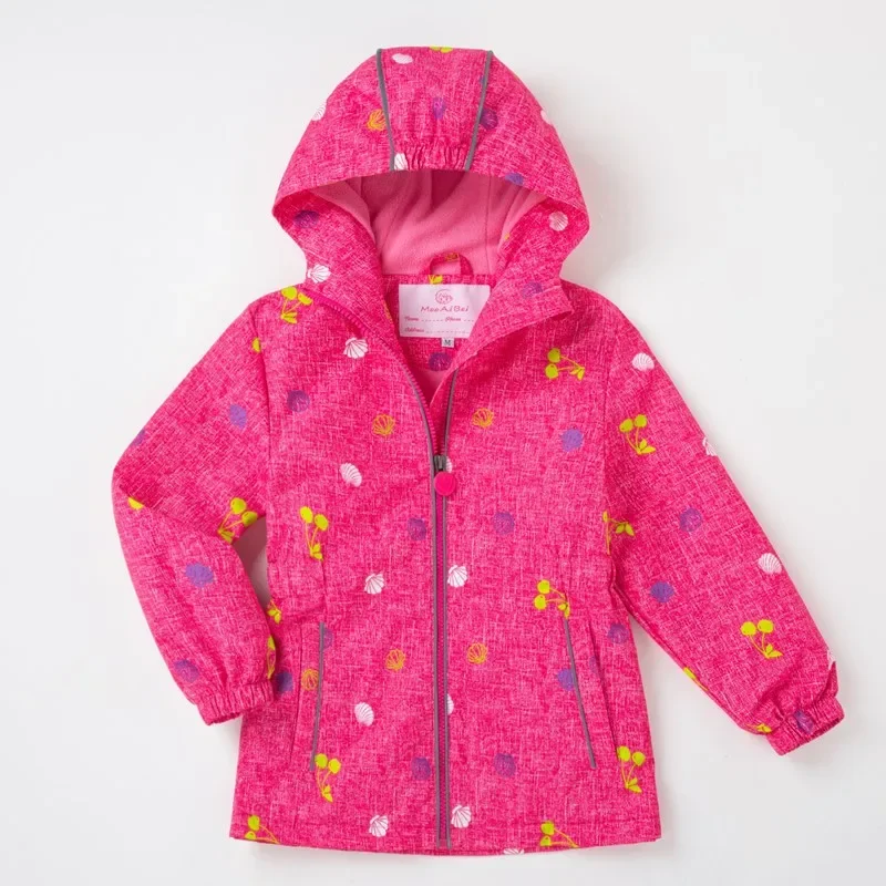 

School Kids Outfit Tops 4-12 Yr Spring Autumn Baby Girls Waterproof Hooded Floral Printed Fleece Lined Jackets Child Track Coat