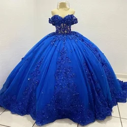 Sparkly Sequined Quincenara Dresses 2024 Luxury Beading Lace Ball Gown Royal Blue Sweet 16 Gown Vestidos De 15 Quinceañera