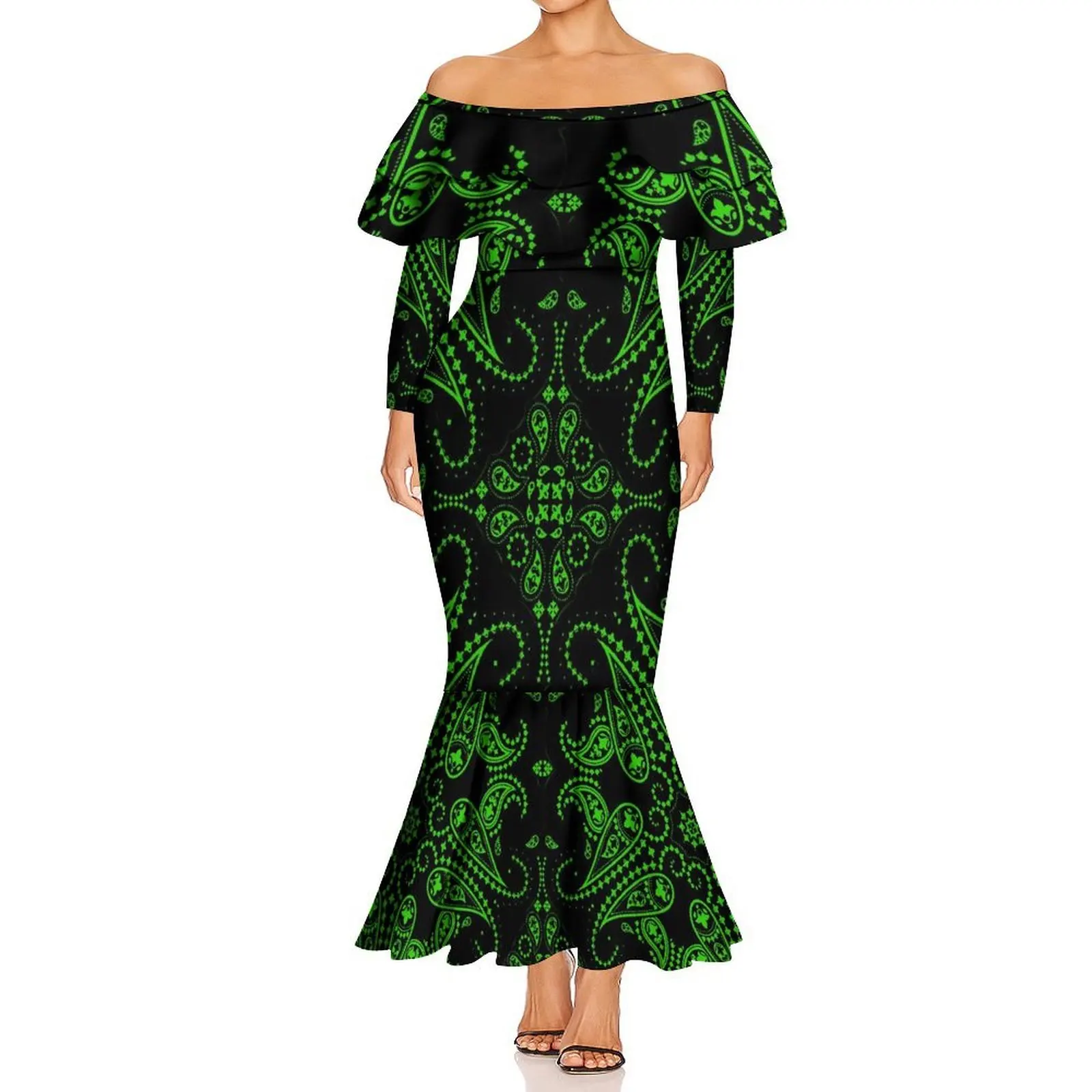 Elegante senhora havaiana de manga comprida um pescoço dupla camada babados fino fishtail vestido verão bandana padrão personalizado