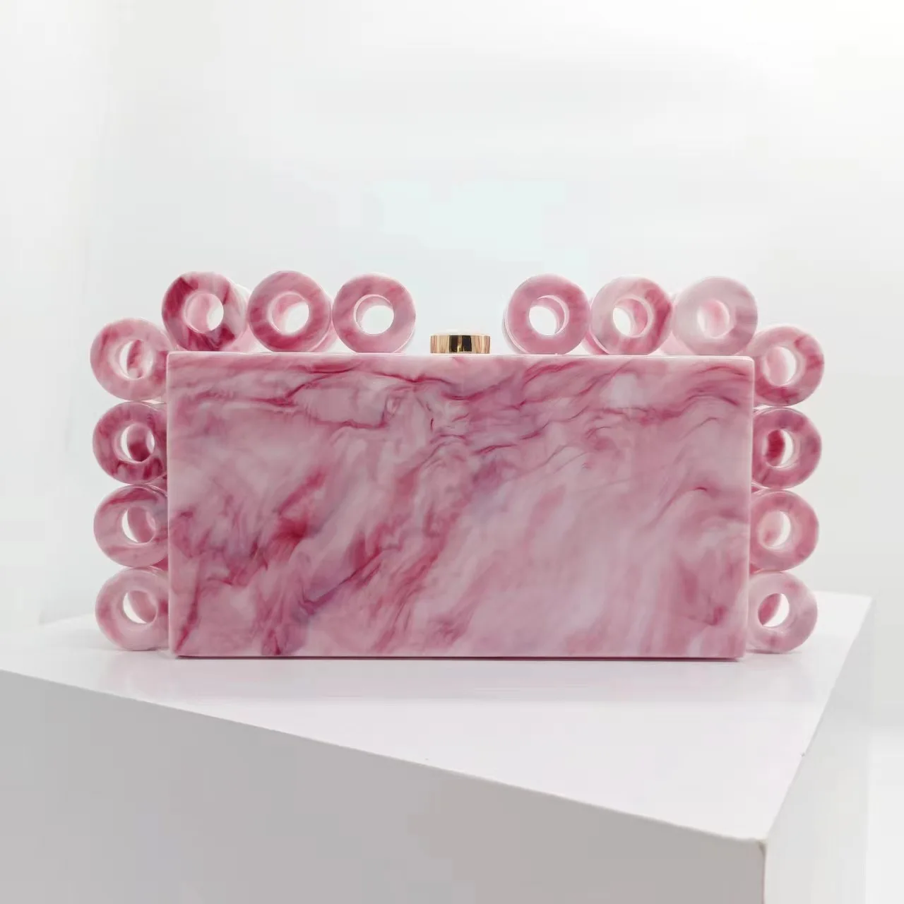 

Women Acrylic Clutch Bag Designer Pink/Gold Evening Bag Party Prom Hard Purses Circle Lady Wedding Bridal Clutches Mini Handbags