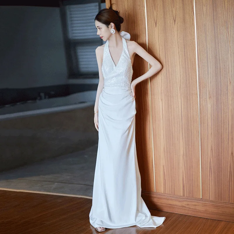 Легкое свадебное платье во французском стиле, атласное нишевое платье для невесты, элитное утреннее платье с лямкой на шее и открытой спиной, уличное платье с вуалью и воротником с пайетками