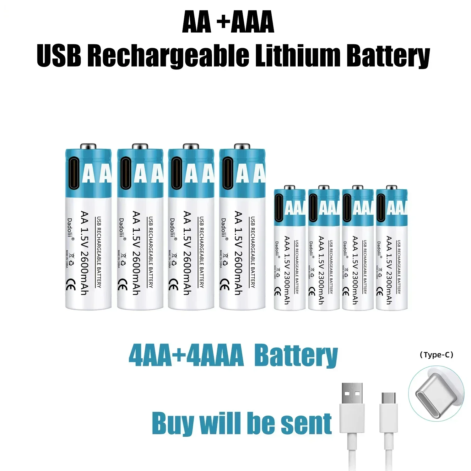 1.5V AA AAA No.5 No.7 USB Rechargeable Lithium Battery Type-C Quick Charge Cell For Learning Machine Password Lock 1200 Cycle