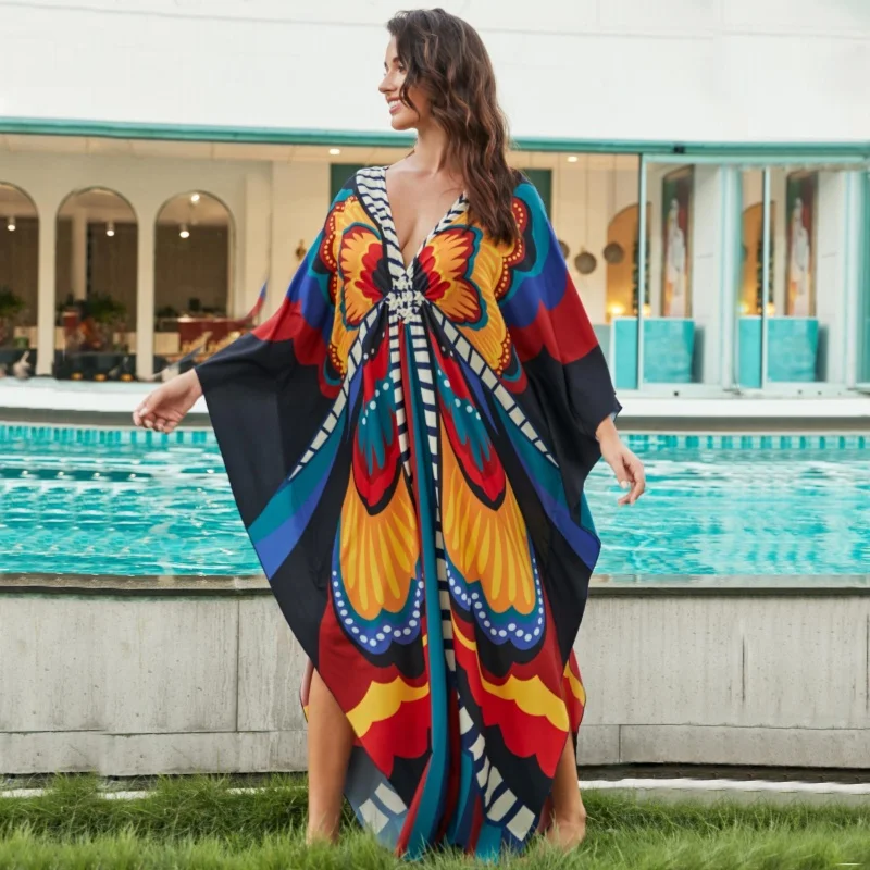 女性用ビーチ外出用ドレス カフタン チュニック 着物 ルーズ水着 ビキニ カバーアップ ロング水着 ドレス ボヘミアンスカート プリント