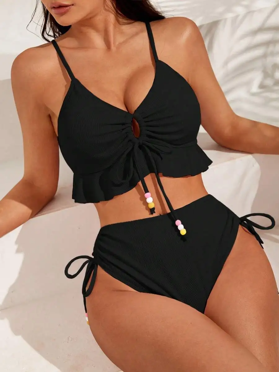

Black Ruffle Hem Drawstring Bikini Set With Beaded Ties For Women