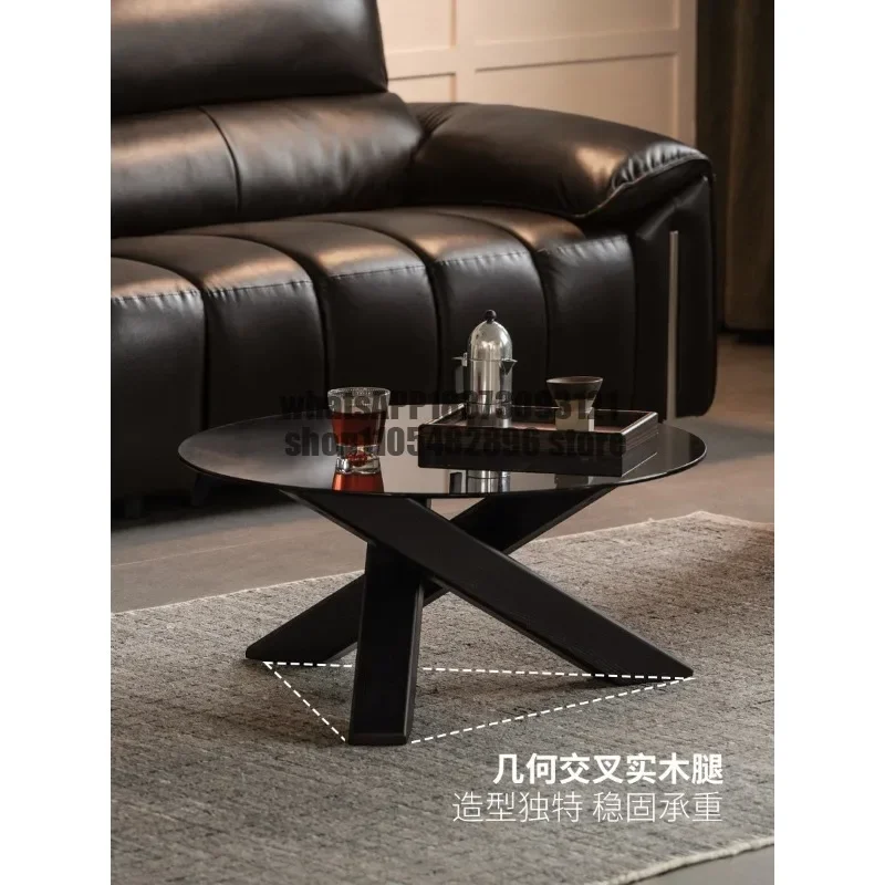 Solid wood coffee table living room light luxury glass round table household black creative tea table