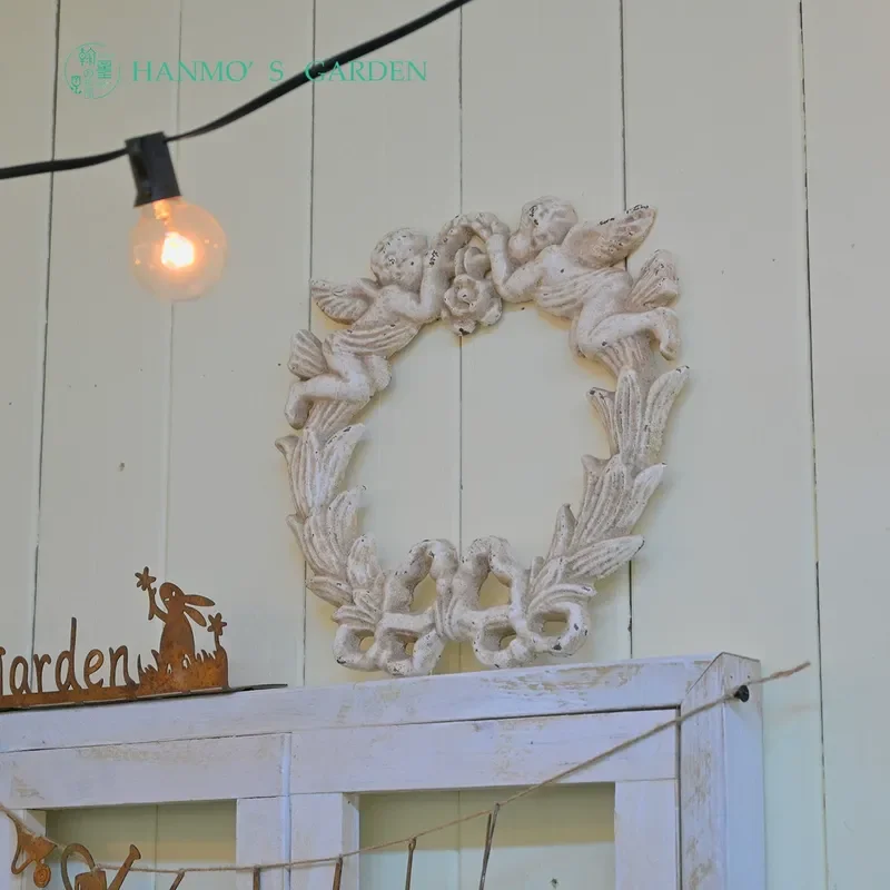 Gardens of Hanmo Double Angel Wreath Cast Iron Wall Decor Vintage Hanging Ornament for Home Garden Door Window Decoration