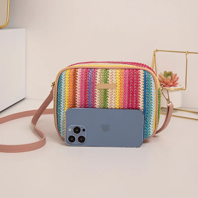 2024 New WomenS Crossbody Bag Color Woven Bag Woven Bag Multifunctional Fresh And Sweet Beauty Style Crossbody Bag Rainbow Bag