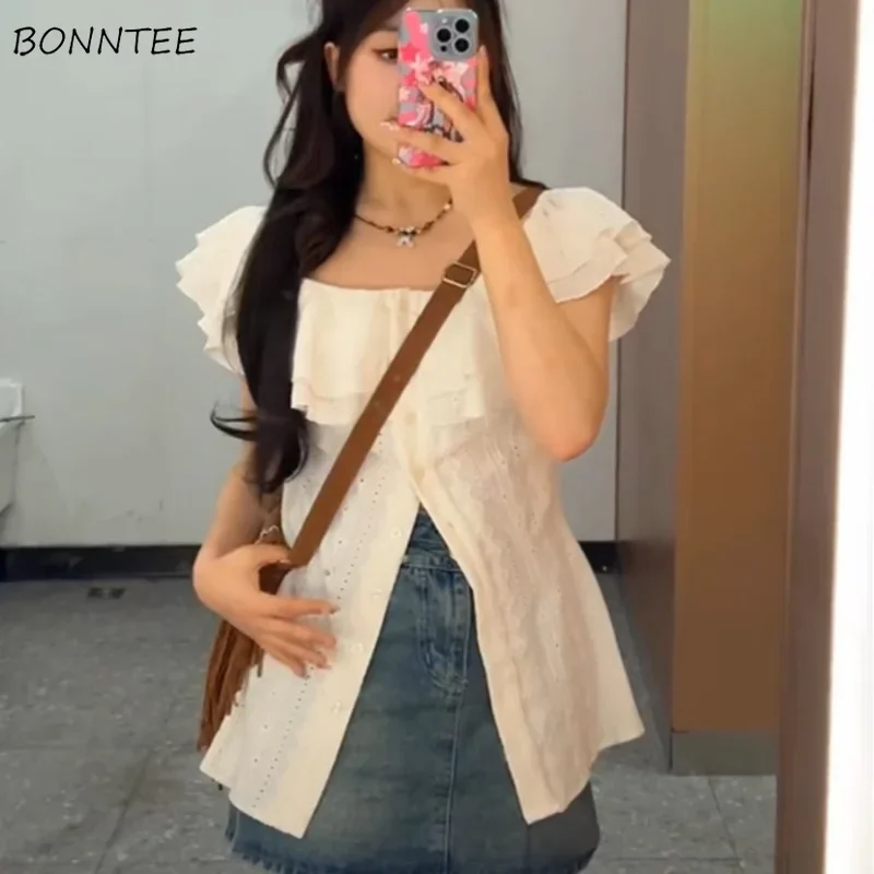 Sleeveless Shirts Women Ruffles Summer Slash Neck Button-up Casual Tops Designed Loose Fashion Girls Hotsweet Ulzzang Sunproof