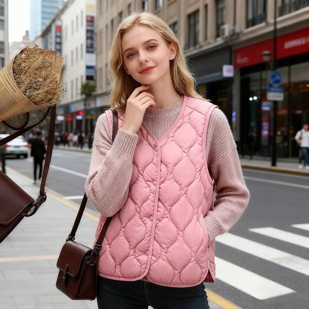 Women Down Vests Winter Puffer Waistcoat Jacket Parkas Coat Single Breasted V Neck Windproof Outerwear Ultralight Overcoat 2025
