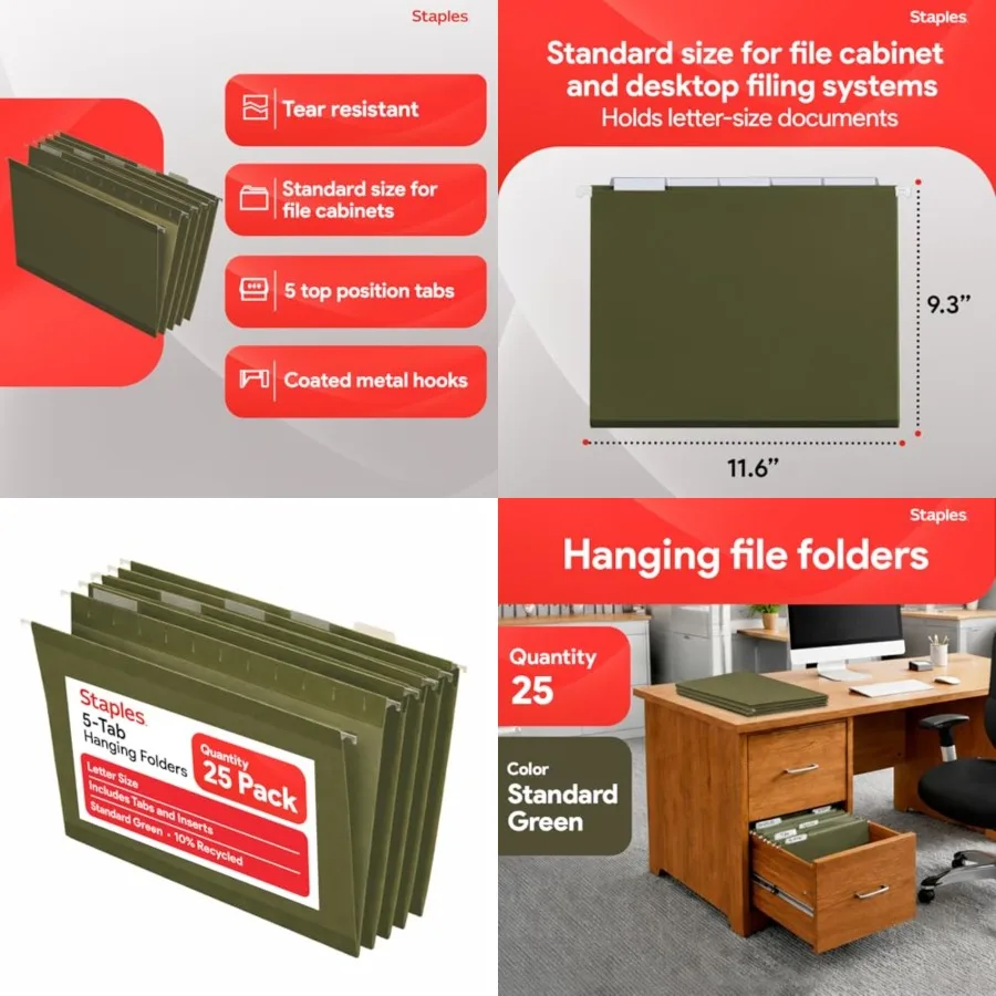 

Reinforced Hanging File Folders, Letter Size, 3" Expansion, Wide‑Capacity Box‑Bottom Design, Standard Green 25/Pack