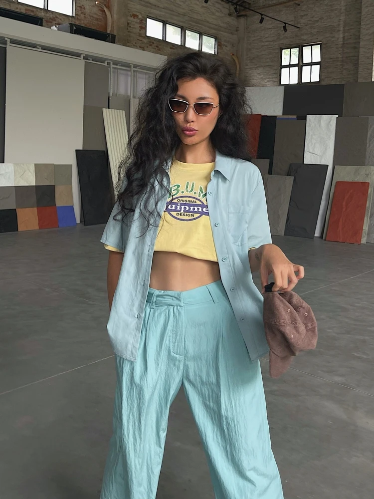 

Street Sle LA Skateboard Casual Commute Practical Simple Clean Button up ort Sve irt Blue een Cotton Blend