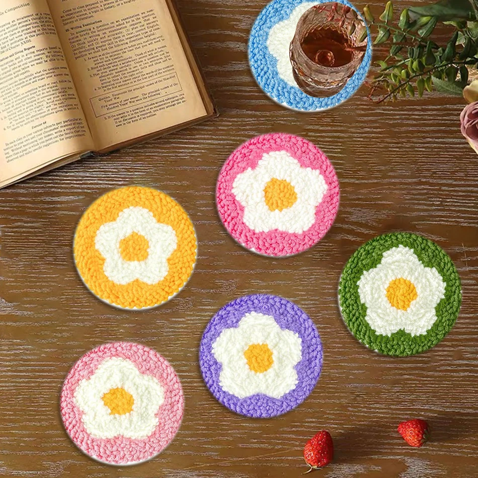 CHENISTORY 6pcs/Set Flowers Pattern Punch Needle Coasters Kit Easy Wool Poke Needle Embroidery Set Making Tufted Mug Rug Pads