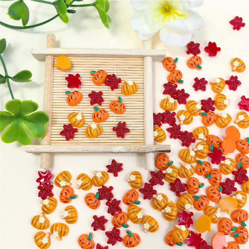 35pcs Autumn Series Nail Decoration Additions Maple Leaf Pumpkin Series Flat Resin Decorations Ear Studs Phone Case Hair Clips
