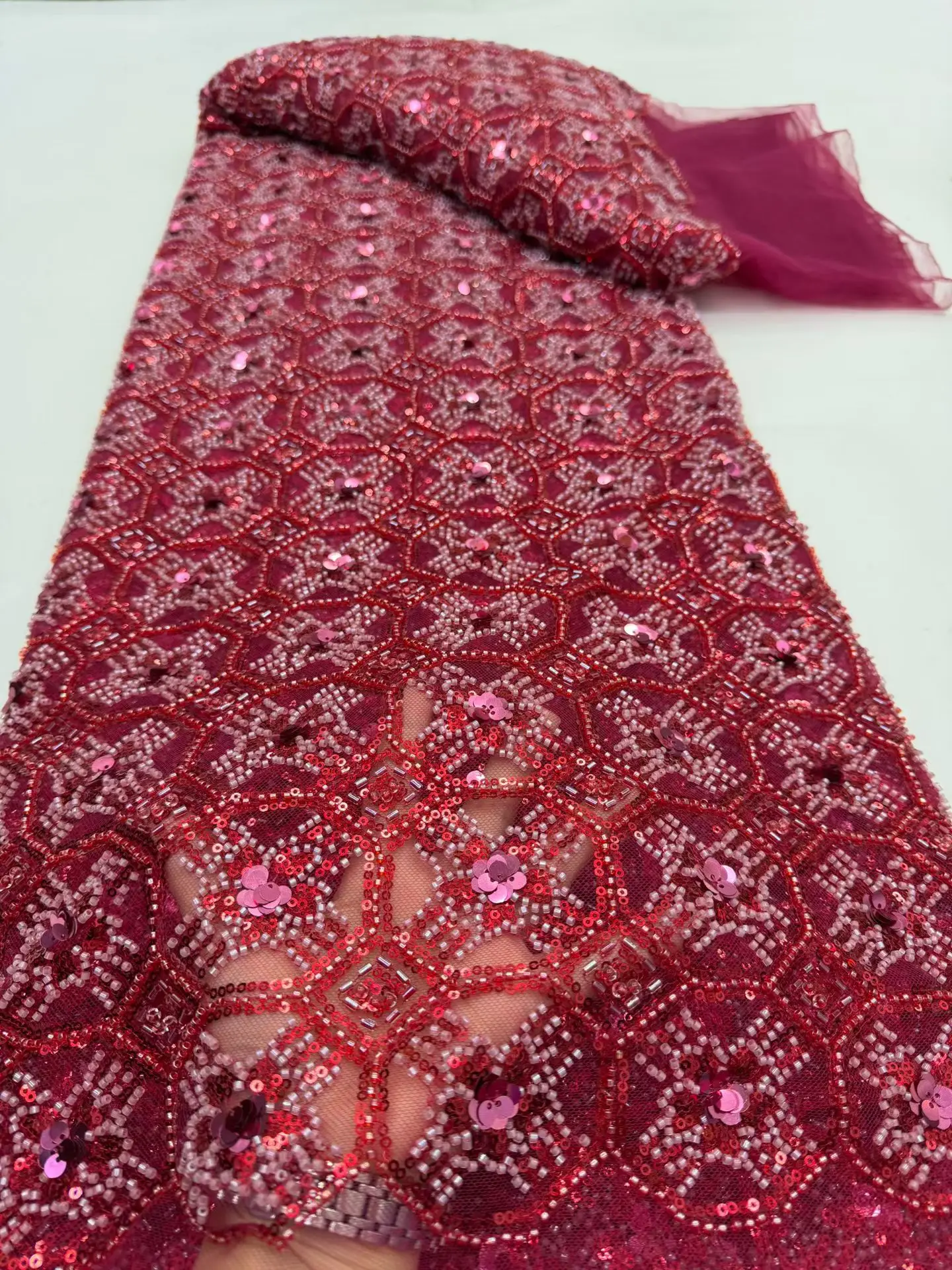 

Luxury African Mesh Lace Sequin Fabric,For Sewing,Clothes,Beaded,Tulle,Wedding Dresses,Embroidery,Fabrics By The Meter,5 Yards