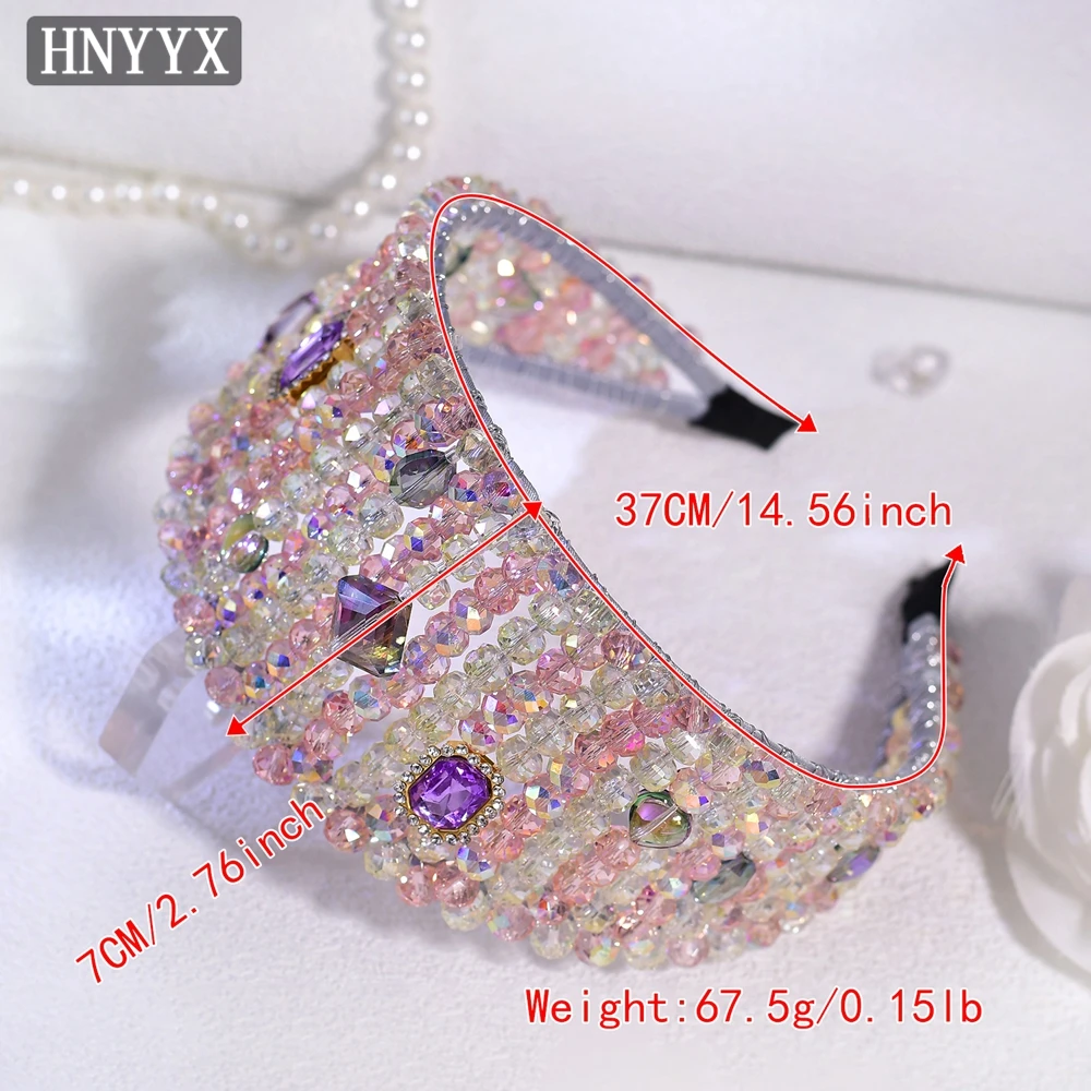 HNYYX Pink Crystal Headband Wide Brimmed Braided Hairband Handmade Beaded Headdress Birthday Party Hair Accessories A328