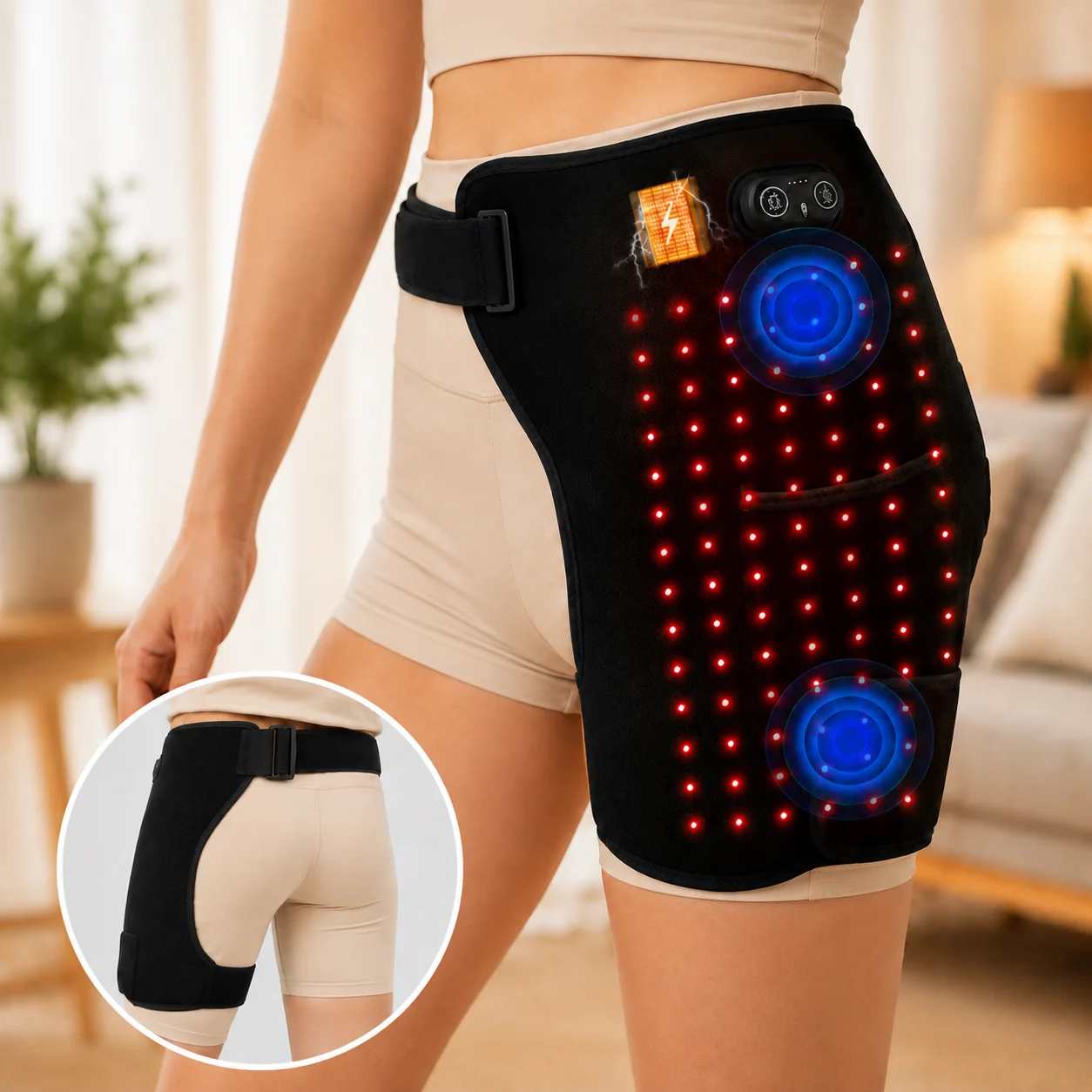 Red Light Heated Hip Wrap Rechargeable Cordless Hip Thigh Belt 3 Heat Levels 3 Vibration Massage Modes Adjustable Universal