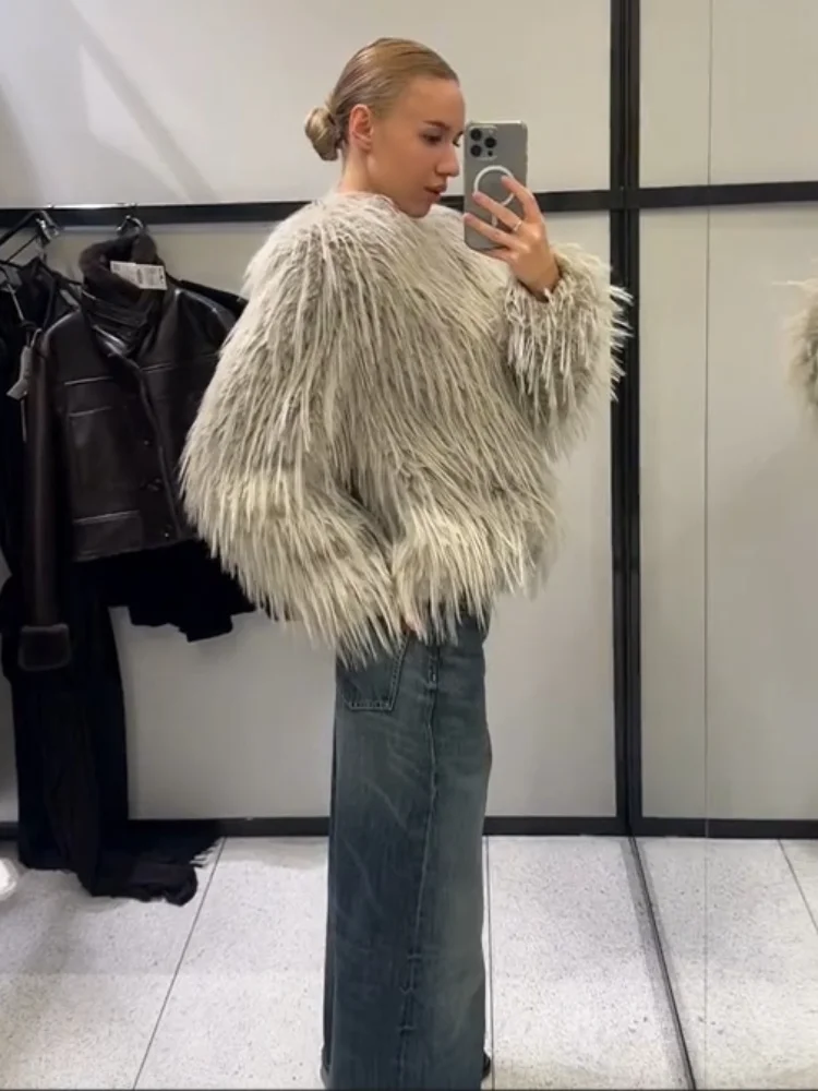 Ladies Beige Fluffy Faux Fur Coat Zip Up Stand Collar Long Sleeve Warm Jacket Autumn Winter Party Club Daily Streetwear Outfit