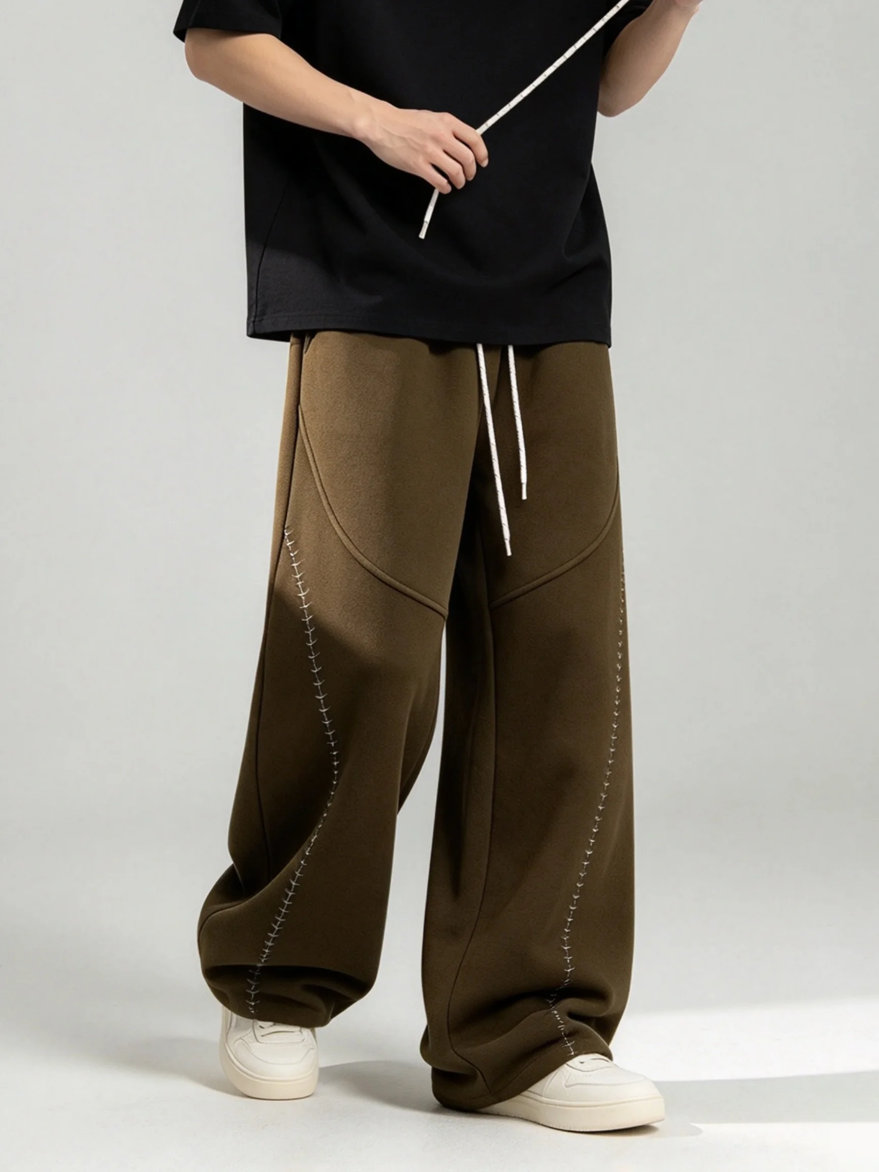 Men's Vintage Wide Leg Sweatpants Contrast Stitch Curved Panel Streetwear Loose Drawstring Waist Casual Trousers