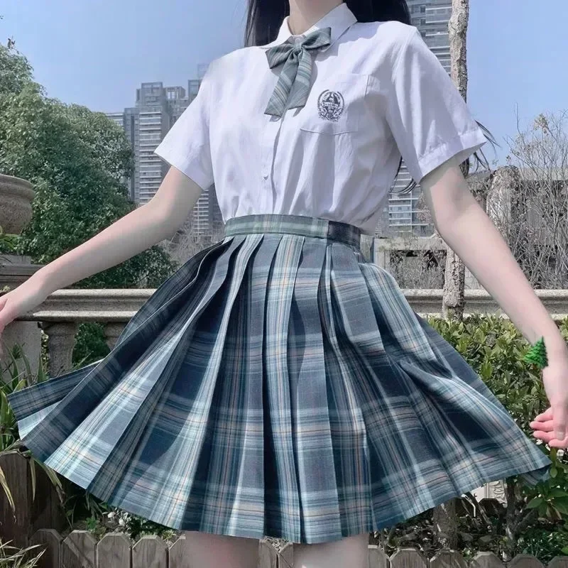 Koreanische Schule Mädchen Uniform Plissee Röcke Japanische Schuluniform Hohe Taille A-Line Plaid Rock Sexy JK Uniformen Frau Vollen satz