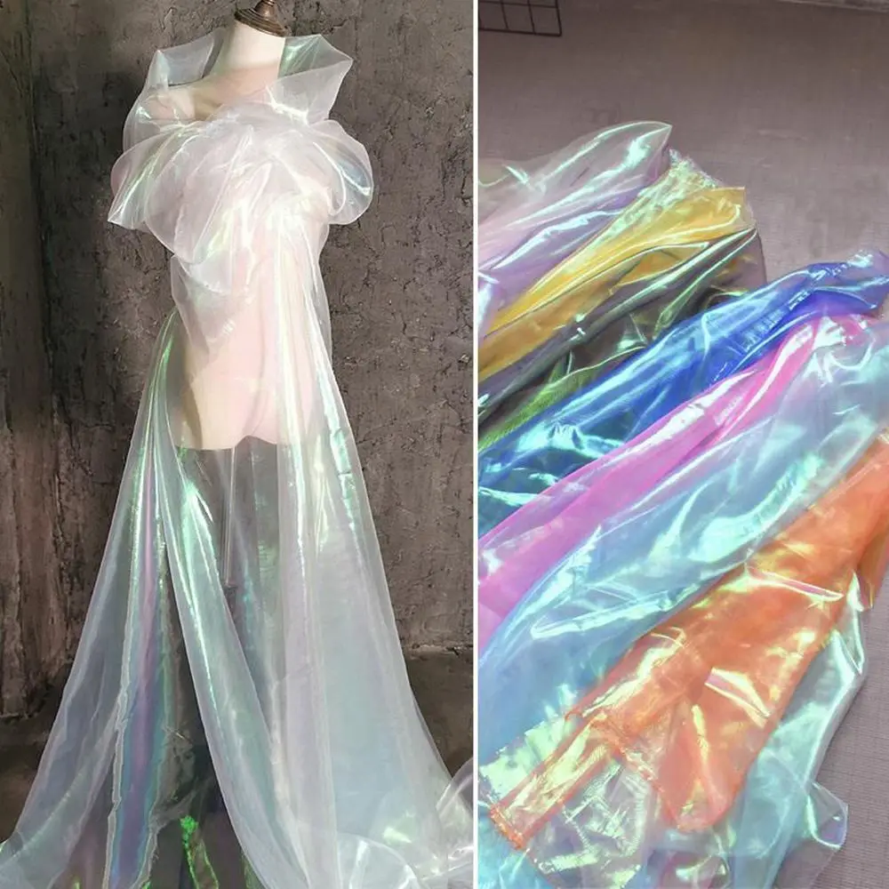 Fluorescent Fabrics Colorful Shiny Gauze Fabric Stage Wedding Decoration Voile Transparent Holographic Fabric Tulle Material