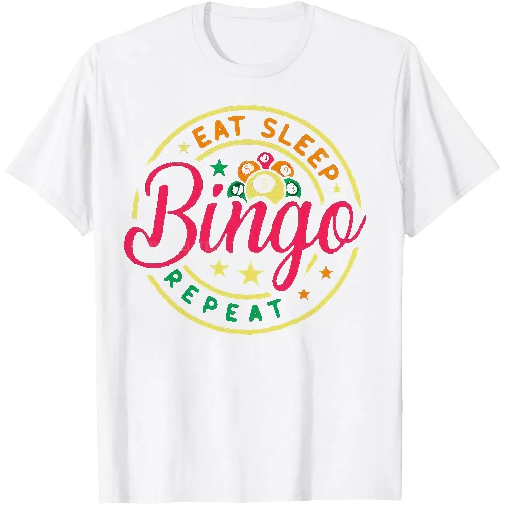 Circular Design Short Sleeve Crew Neck Relaxed Fit T-Shirt With Cursive Text Bingo Balls Stars Eat Sleep Repeat